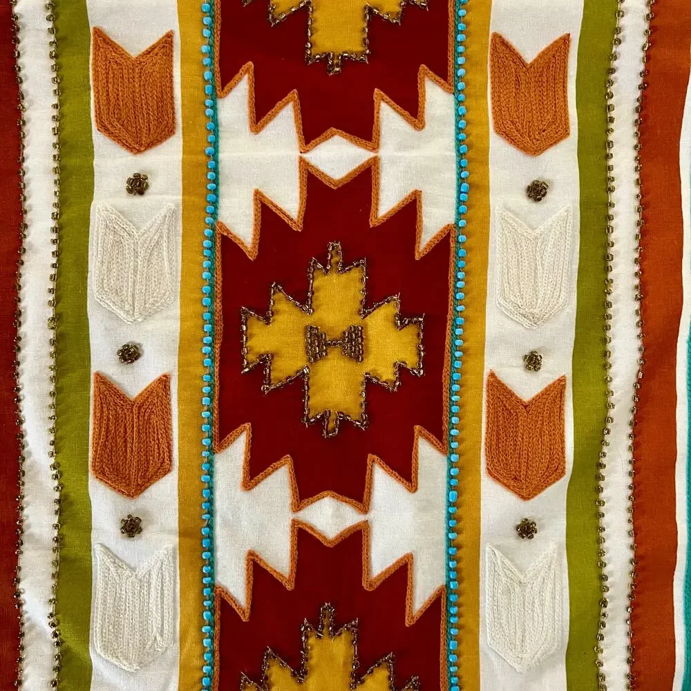 Southwestern Western Lumbar Pillow Cover 20x14 Embroidered Fringe Beaded Cotton